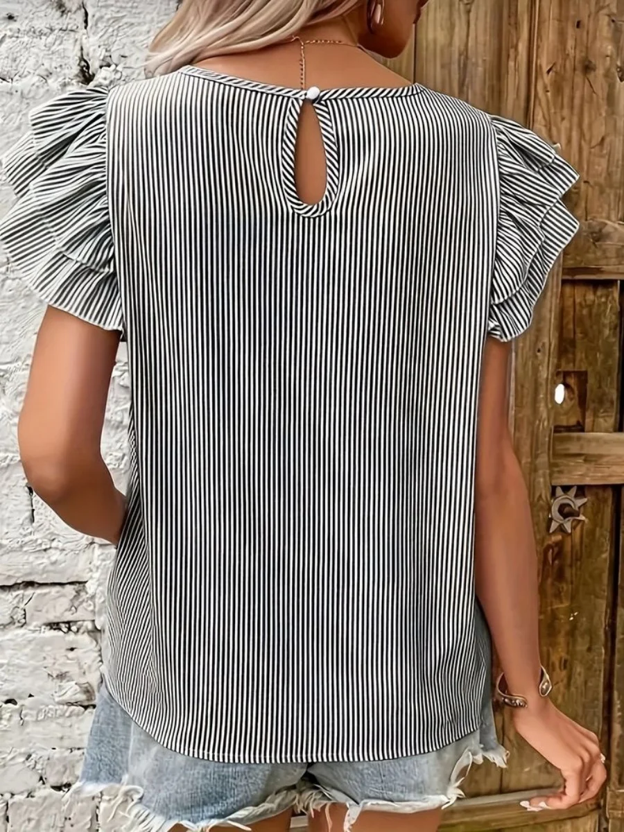 Round Neck Striped T-shirt With Ruffled Sleeves - Image 15