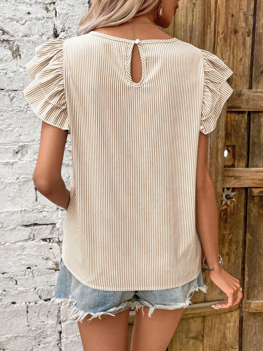 Round Neck Striped T-shirt With Ruffled Sleeves - Image 8