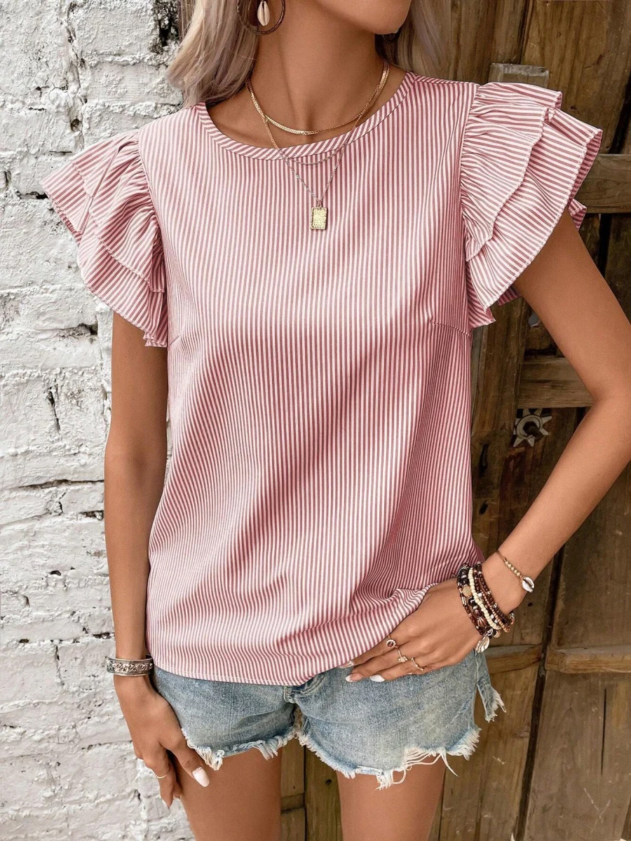 Round Neck Striped T-shirt With Ruffled Sleeves - Image 9