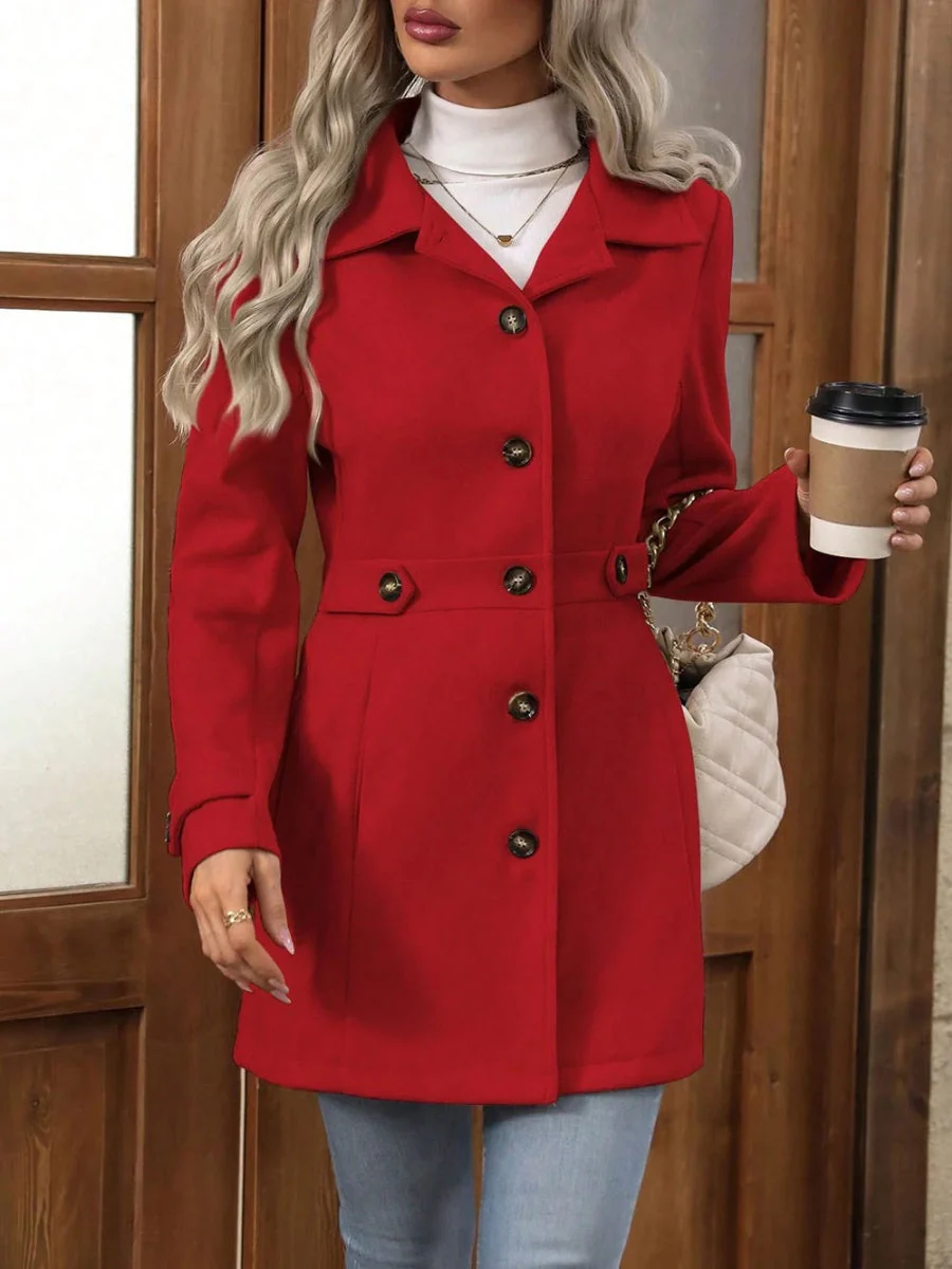 Slim Fit Lapel Buttons Solid Color Woolen Coat - Image 7