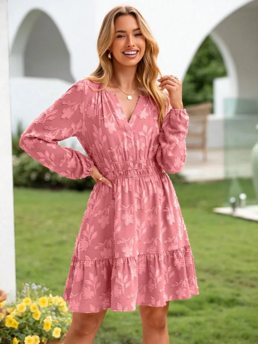 V-neck, Jacquard, Elastic Waist, Full Skirt, Long Sleeves, Ruffled Hem Short Dress - Image 10