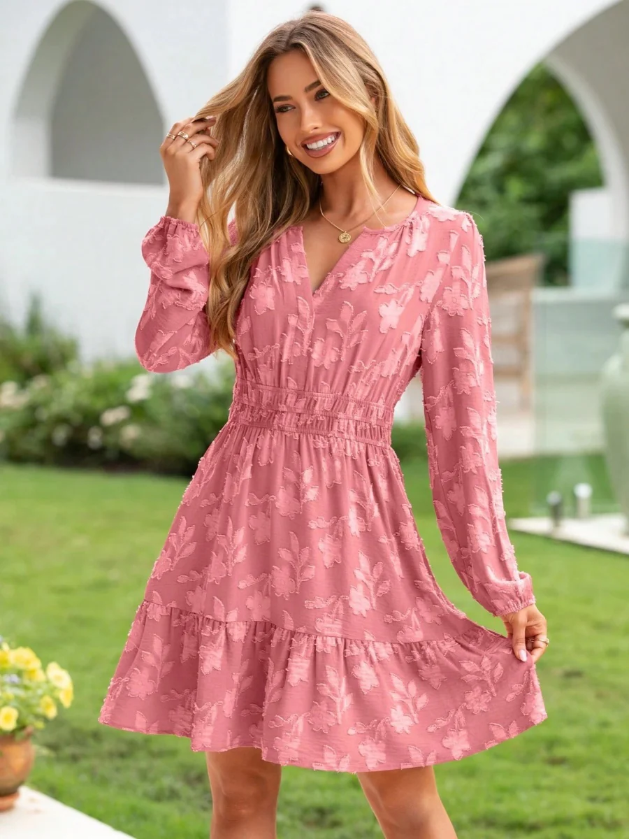 V-neck, Jacquard, Elastic Waist, Full Skirt, Long Sleeves, Ruffled Hem Short Dress - Image 11