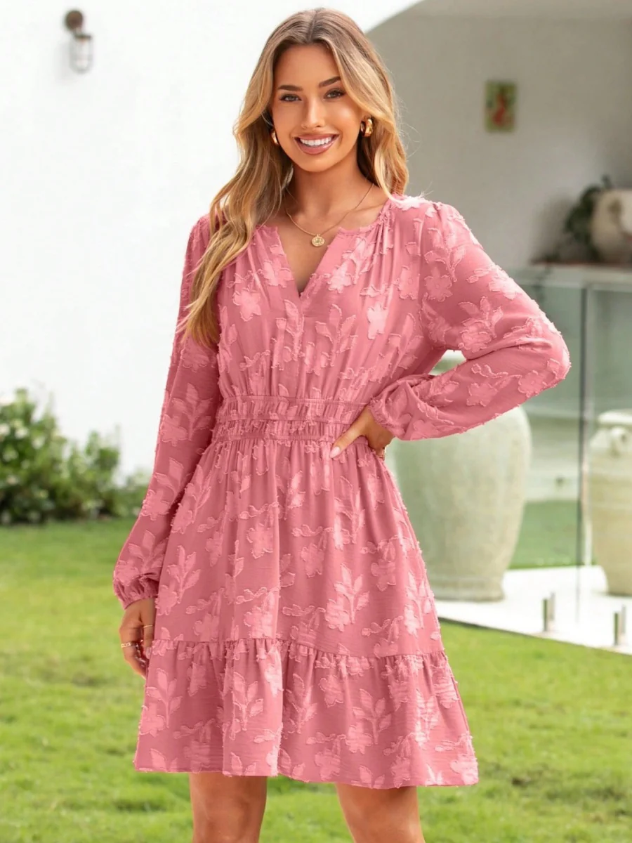 V-neck, Jacquard, Elastic Waist, Full Skirt, Long Sleeves, Ruffled Hem Short Dress - Image 12