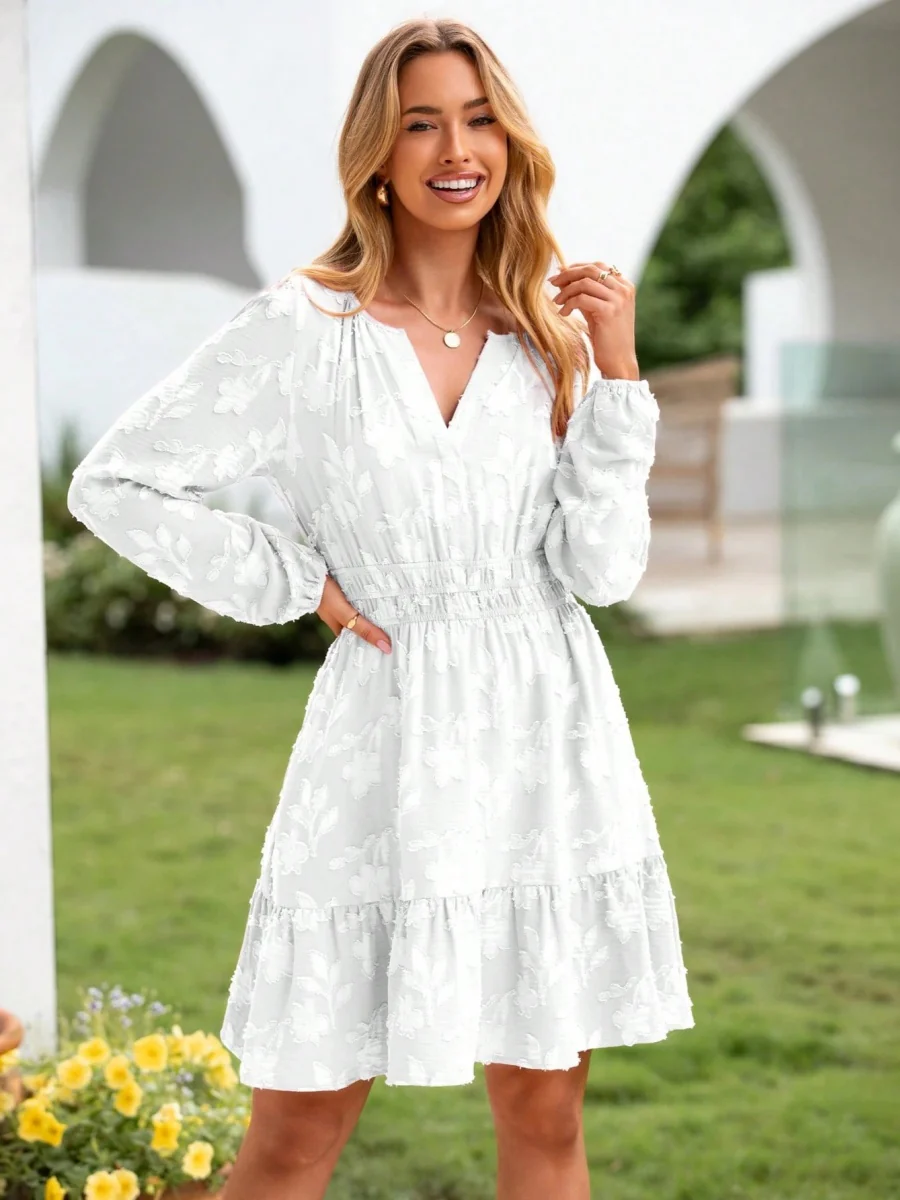 V-neck, Jacquard, Elastic Waist, Full Skirt, Long Sleeves, Ruffled Hem Short Dress - Image 14