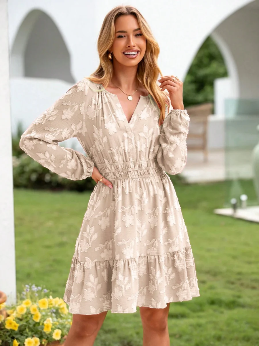 V-neck, Jacquard, Elastic Waist, Full Skirt, Long Sleeves, Ruffled Hem Short Dress - Image 6