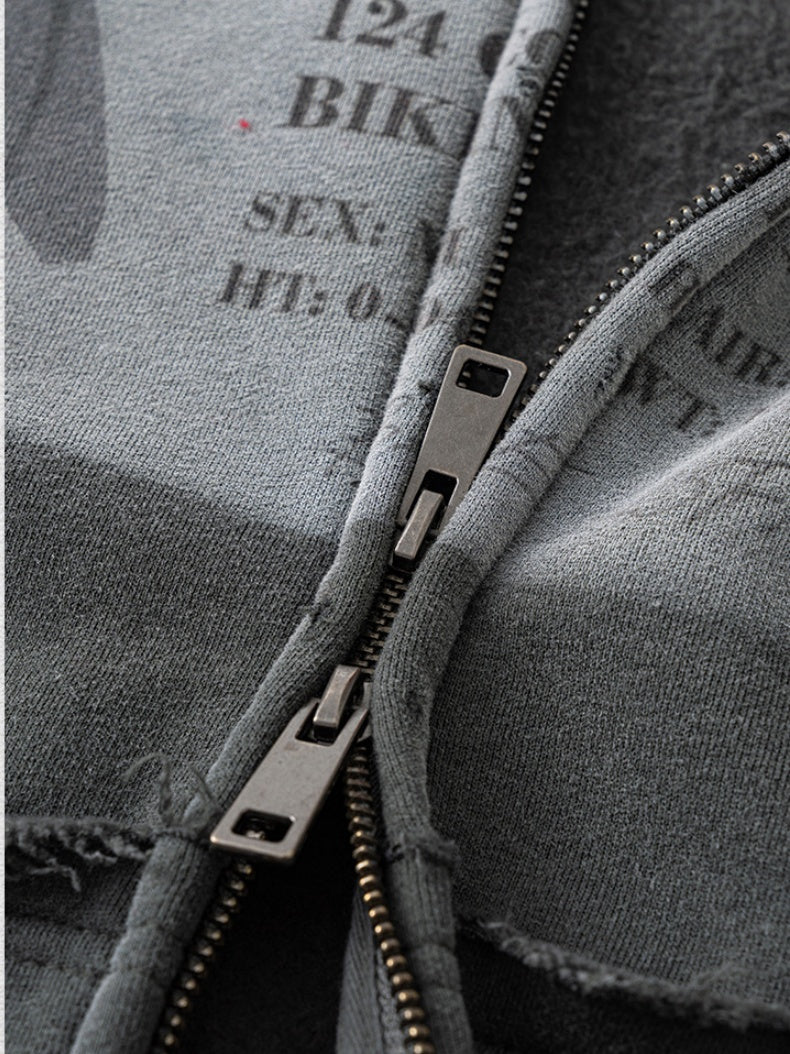Distressed Washed Printed Hoodies Cardigan - Image 13
