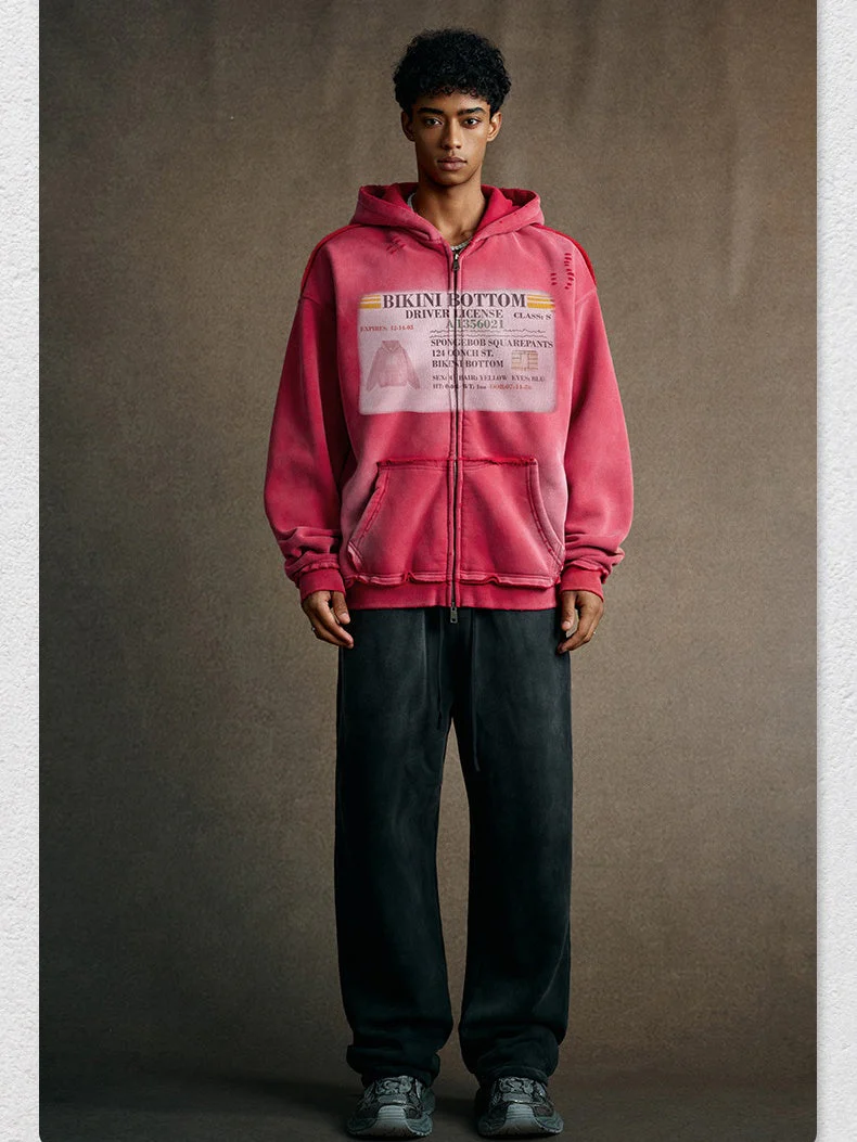 Distressed Washed Printed Hoodies Cardigan - Image 2