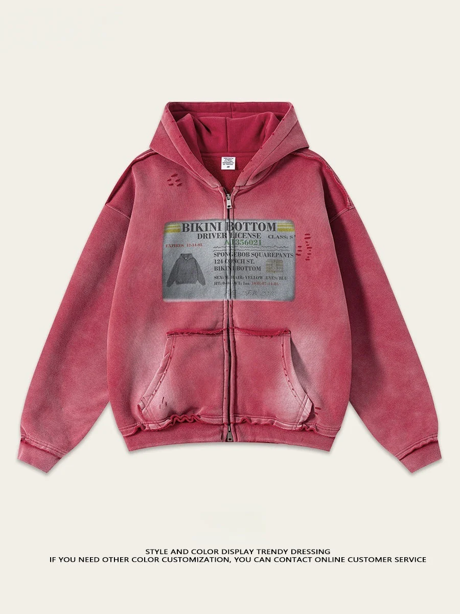 Distressed Washed Printed Hoodies Cardigan - Image 4