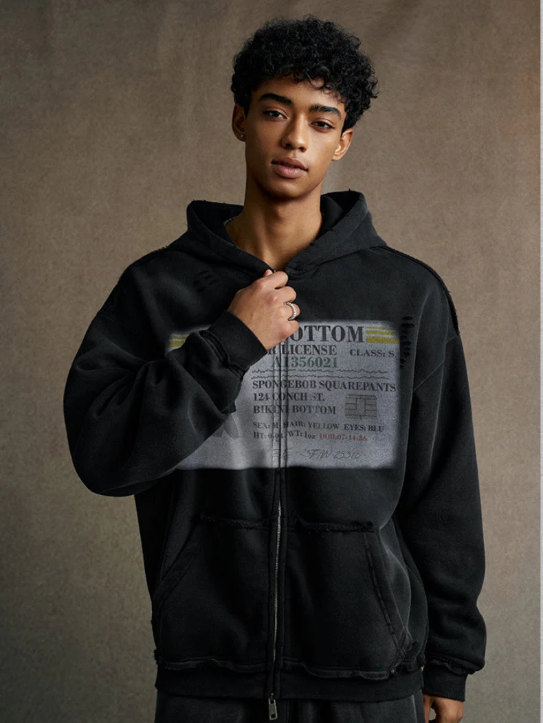 Distressed Washed Printed Hoodies Cardigan - Image 5