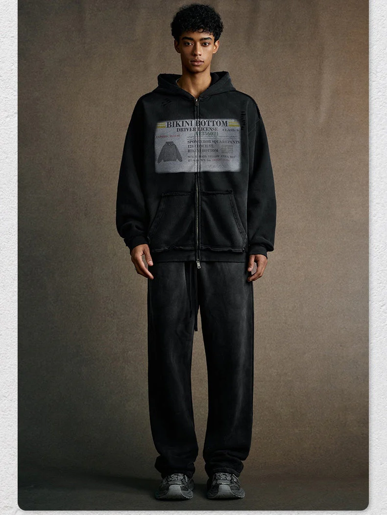 Distressed Washed Printed Hoodies Cardigan - Image 6