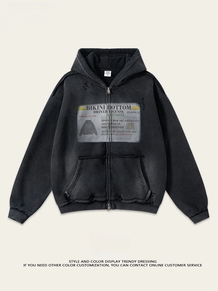 Distressed Washed Printed Hoodies Cardigan - Image 8