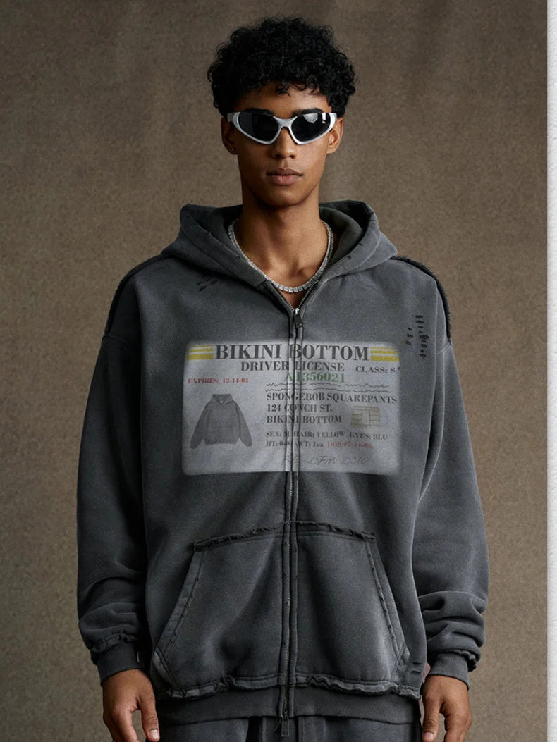 Distressed Washed Printed Hoodies Cardigan - Image 9