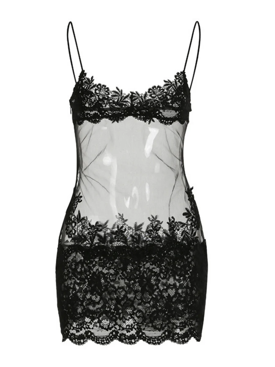 Sheer And Sexy Short Suspender Dress With Mesh Lace Trim - Image 5