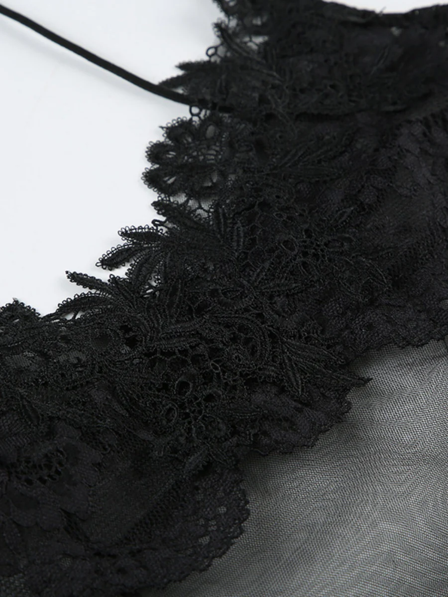 Sheer And Sexy Patchwork Mesh Lace Trim Suspender Long Dress - Image 10