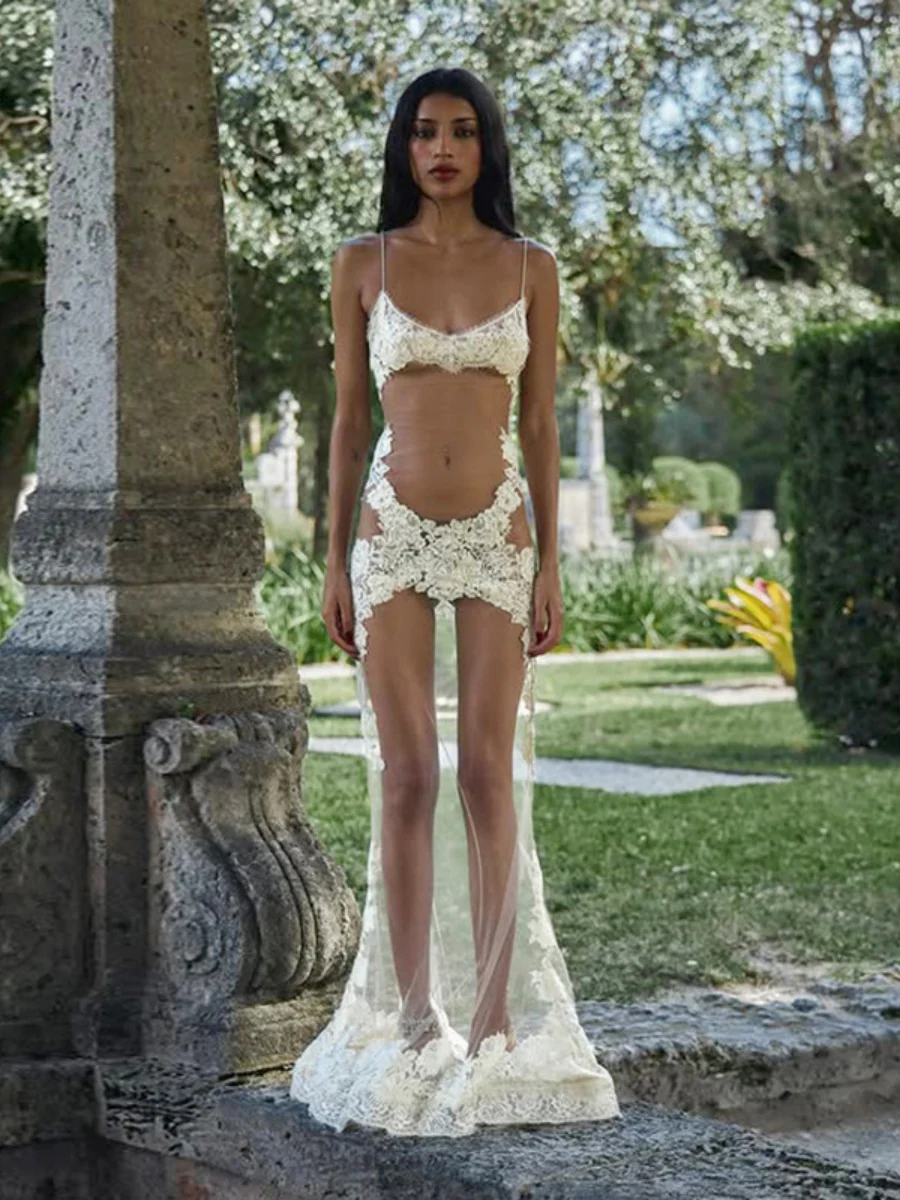 Sheer And Sexy Patchwork Mesh Lace Trim Suspender Long Dress - Image 11