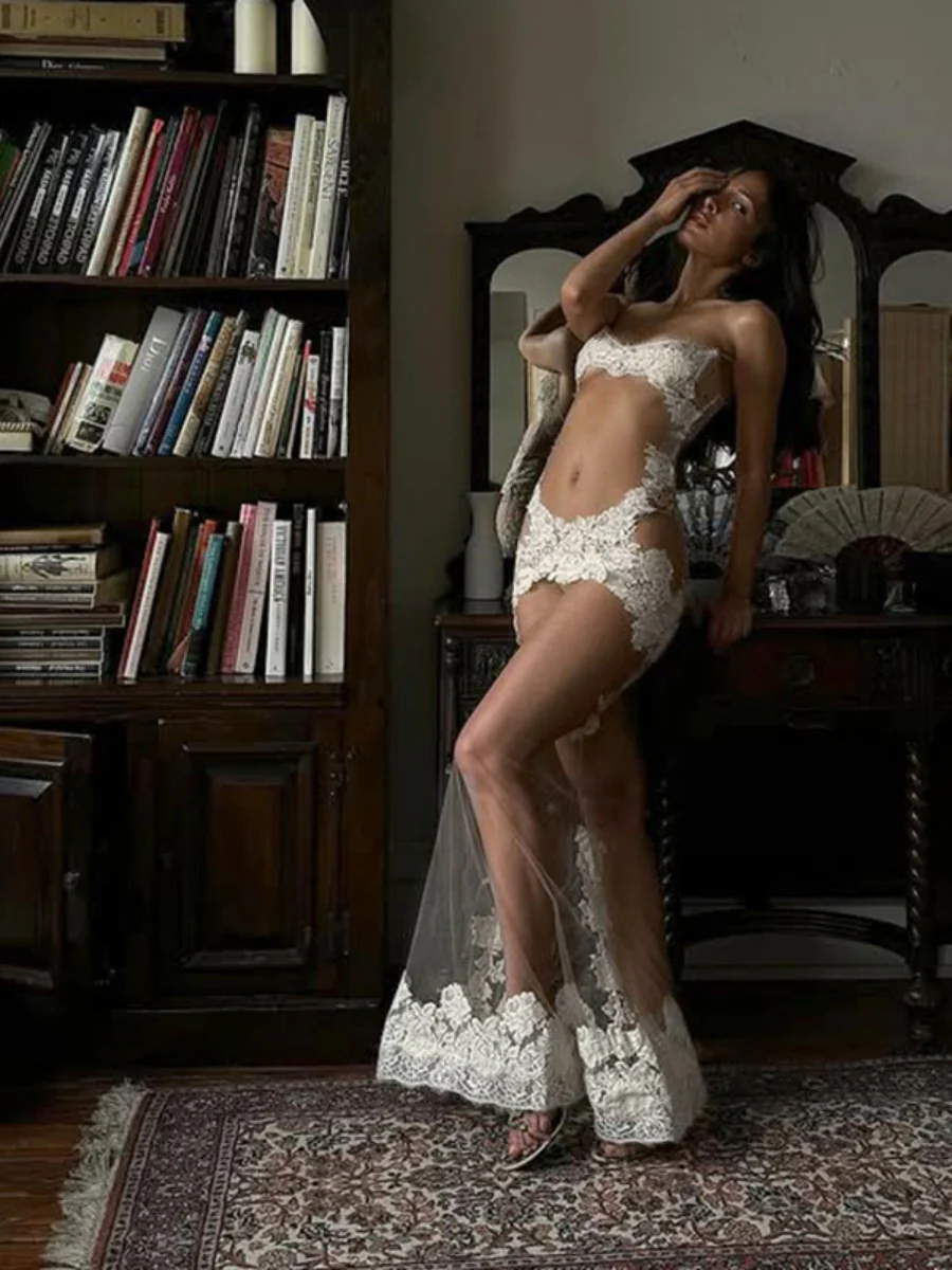 Sheer And Sexy Patchwork Mesh Lace Trim Suspender Long Dress - Image 13