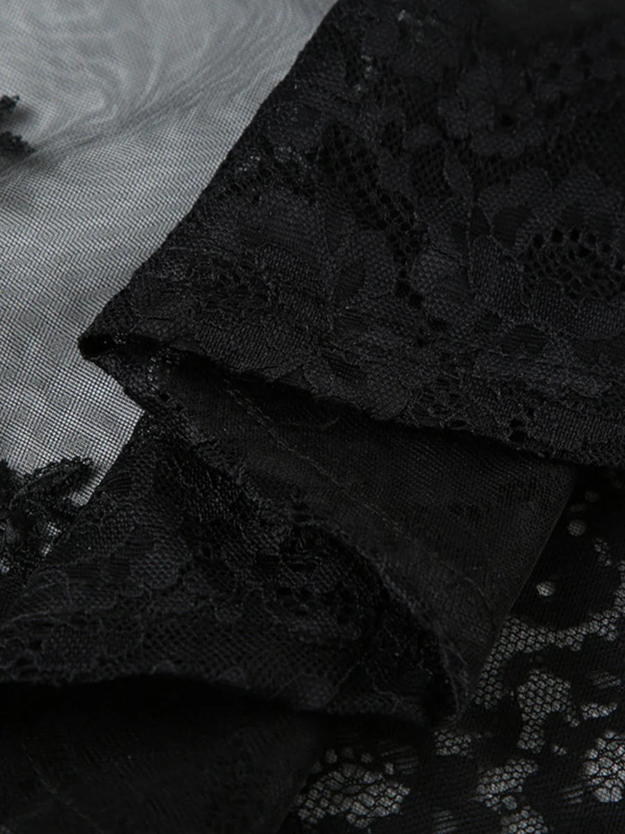 Sheer And Sexy Patchwork Mesh Lace Trim Suspender Long Dress - Image 8