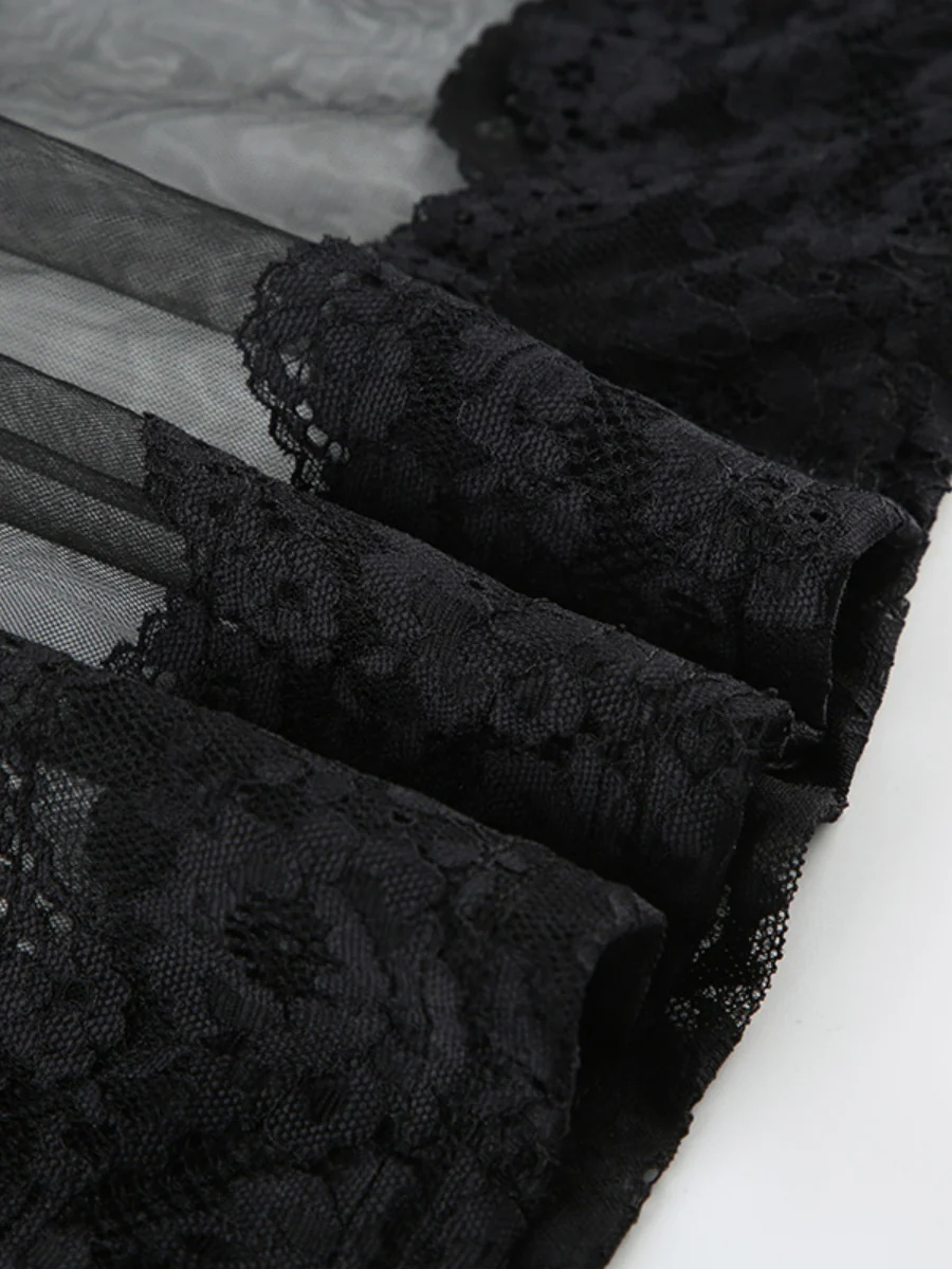 Sheer And Sexy Patchwork Mesh Lace Trim Suspender Long Dress - Image 9