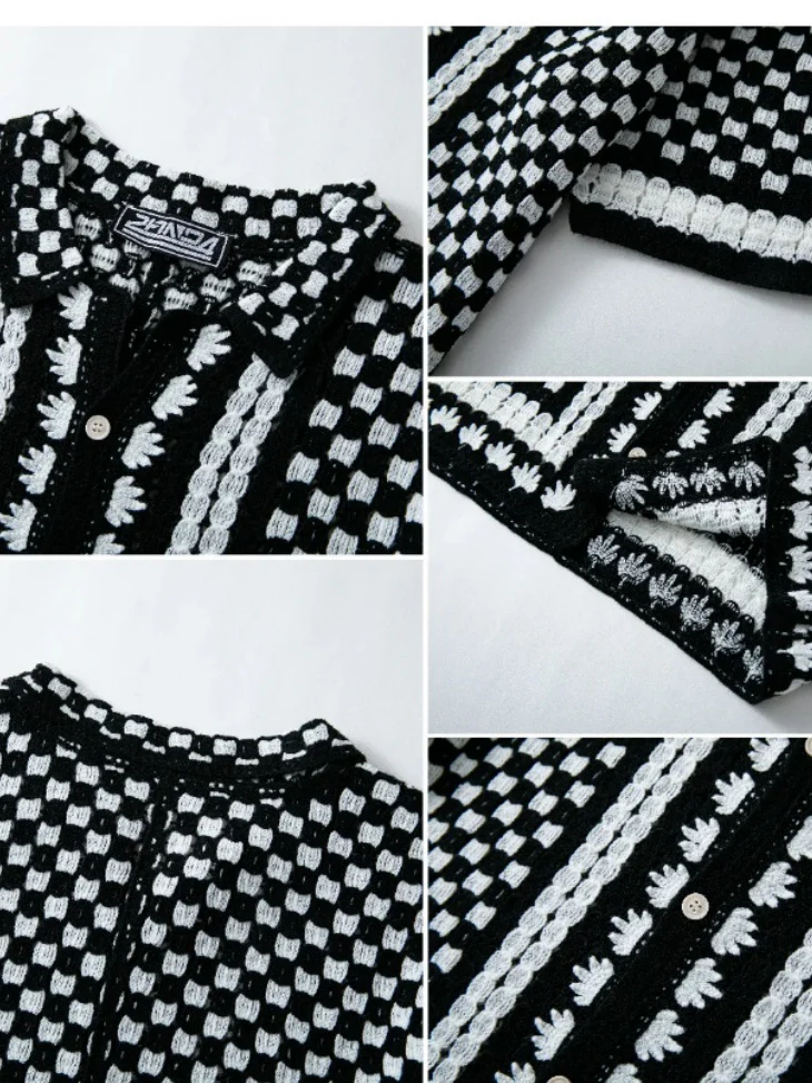 Crochet Knitting Black And White Plaid Hollow POLO Shirt - Image 5