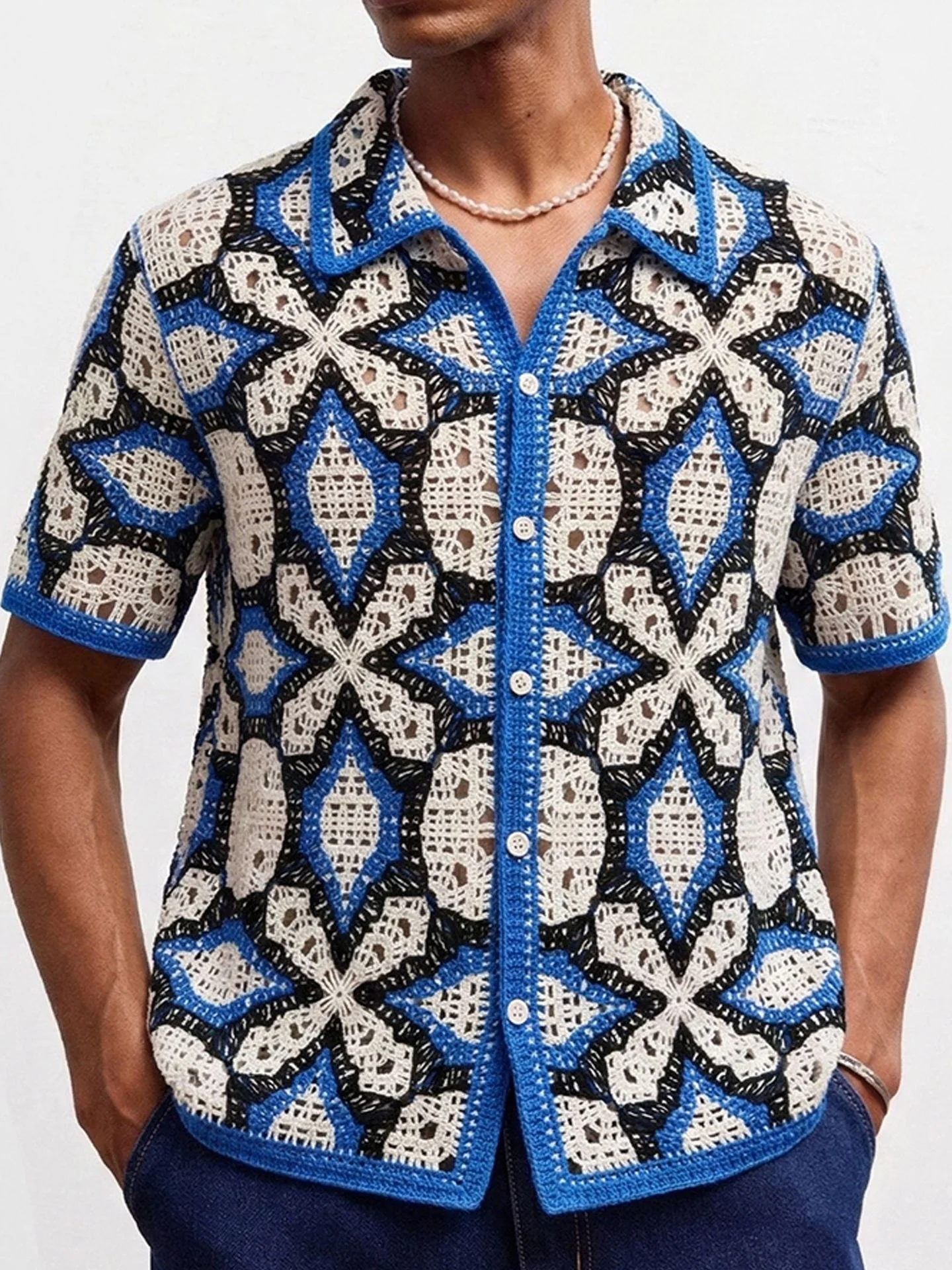 Geometry Jacquard Hollow Knitting Vacation Polo Shirts - Image 2