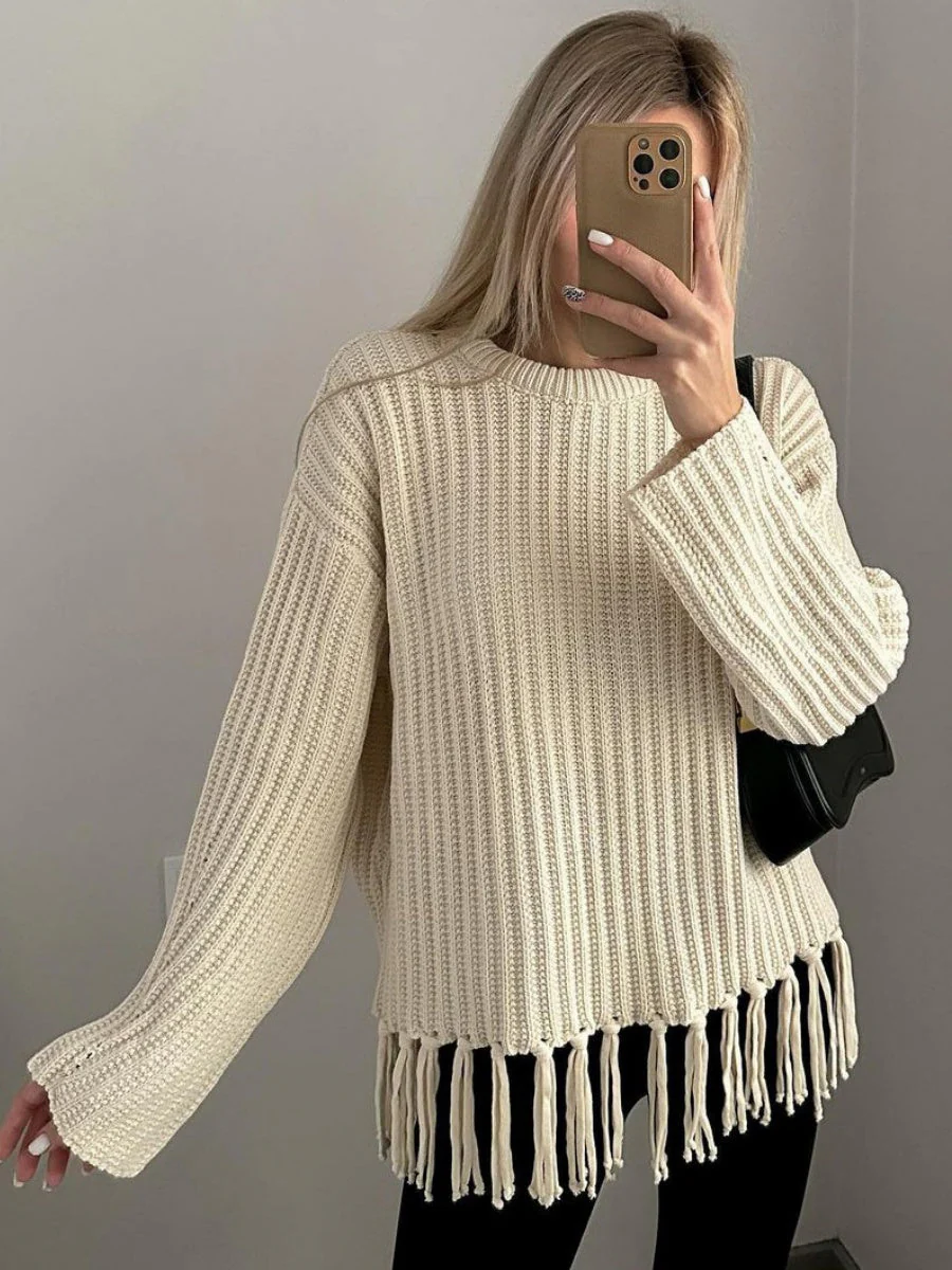 Thickened Loose Tassel Solid Color Knitting Sweaters - Image 3