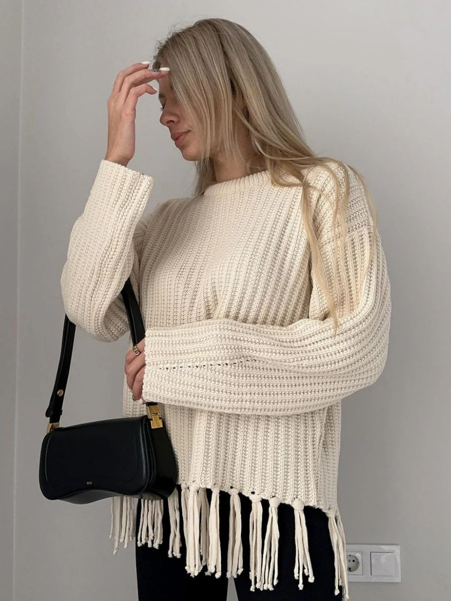 Thickened Loose Tassel Solid Color Knitting Sweaters - Image 4