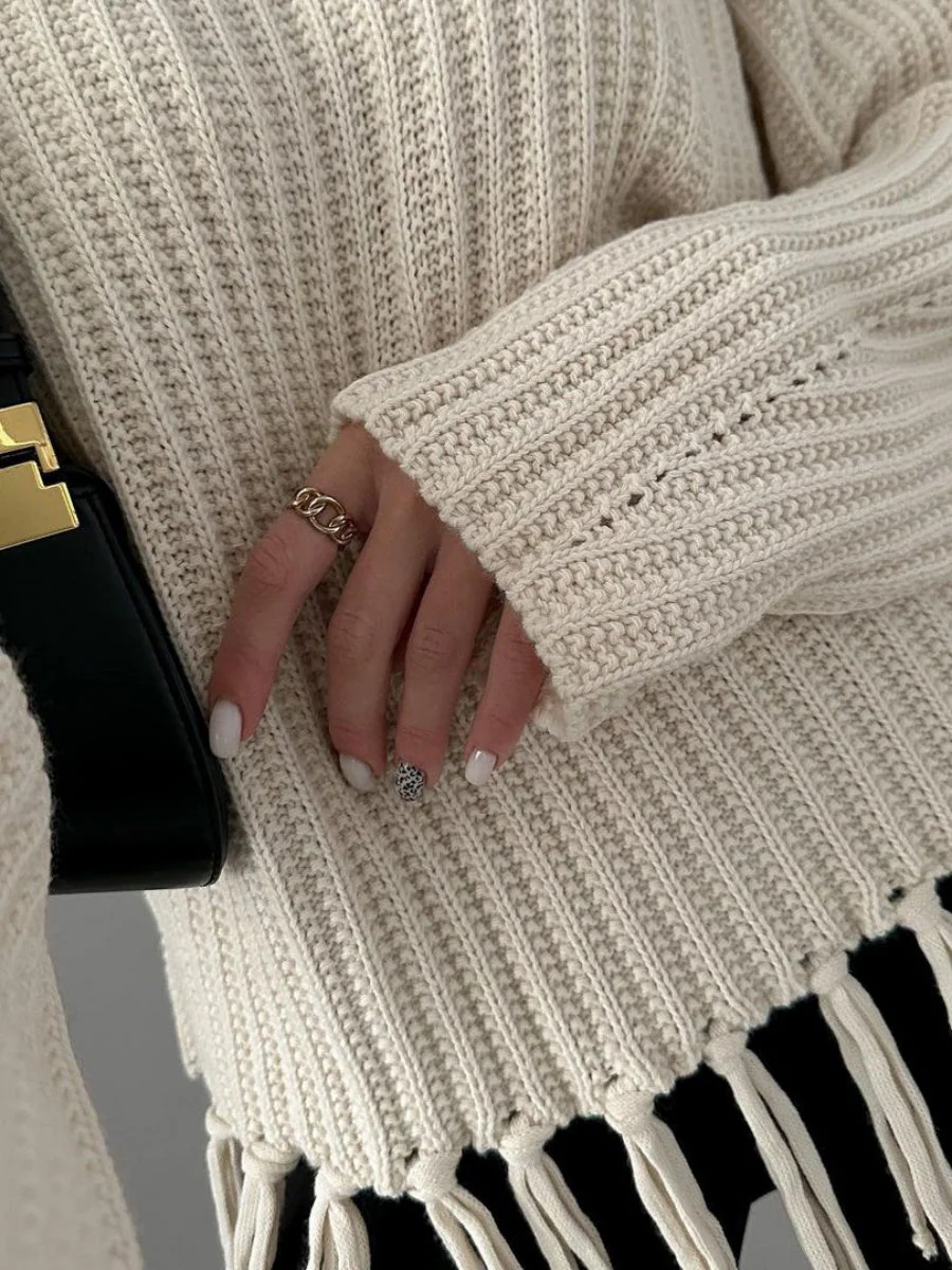 Thickened Loose Tassel Solid Color Knitting Sweaters - Image 5