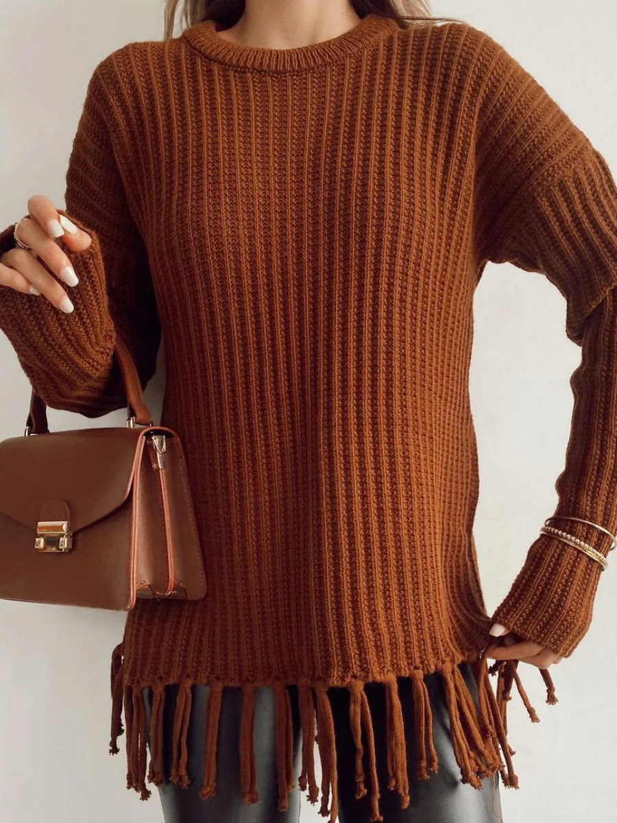 Thickened Loose Tassel Solid Color Knitting Sweaters - Image 7