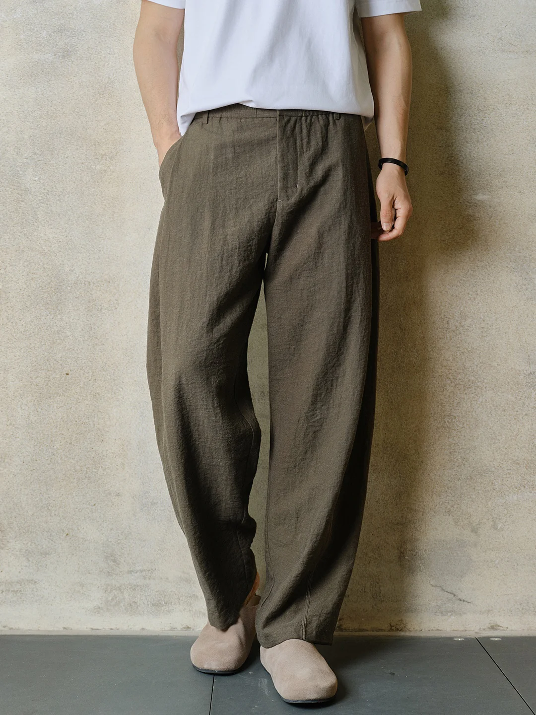 Army Green Flax Wide-leg Pants