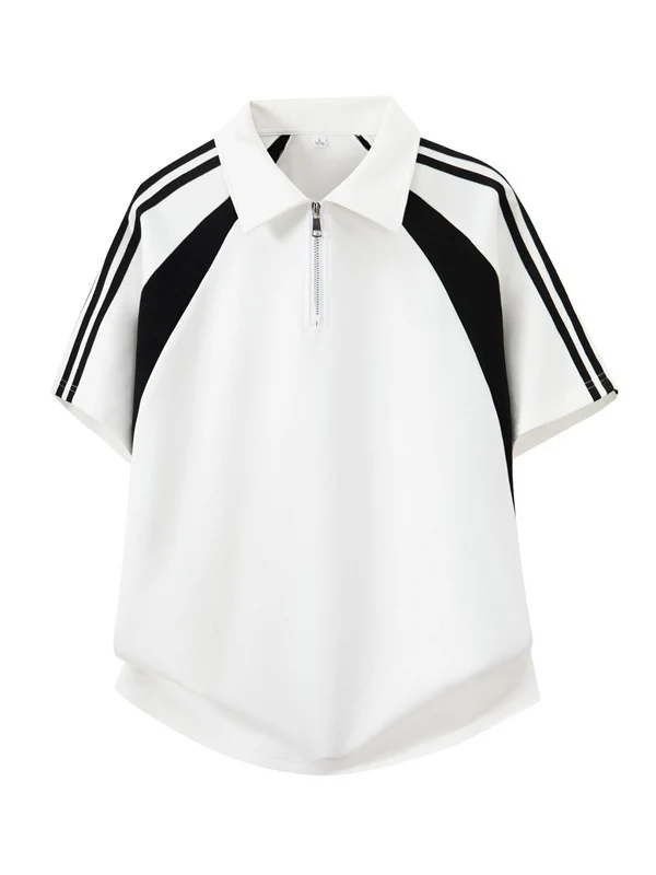 College Style Half Zipper Retro Color-blocked POLO Shirt - Image 2