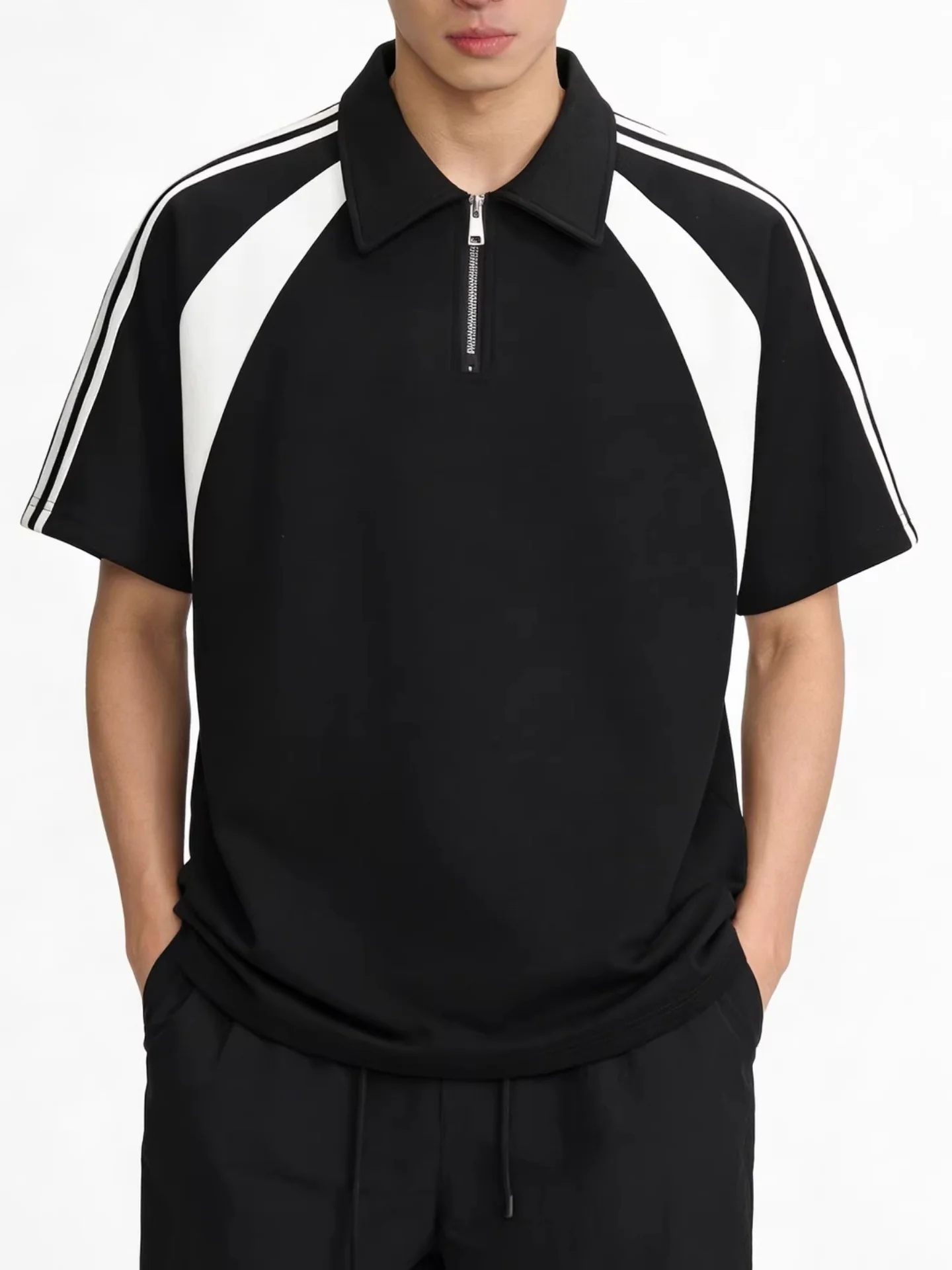 College Style Half Zipper Retro Color-blocked POLO Shirt - Image 4