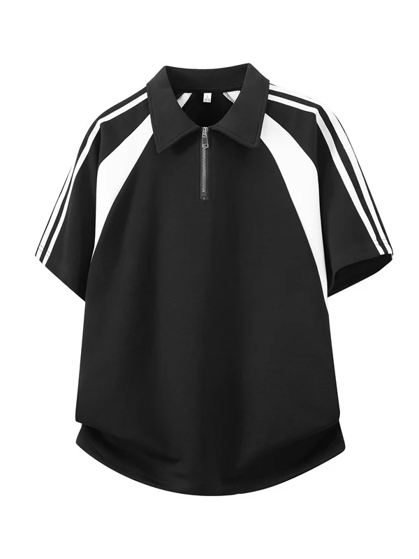 College Style Half Zipper Retro Color-blocked POLO Shirt - Image 5