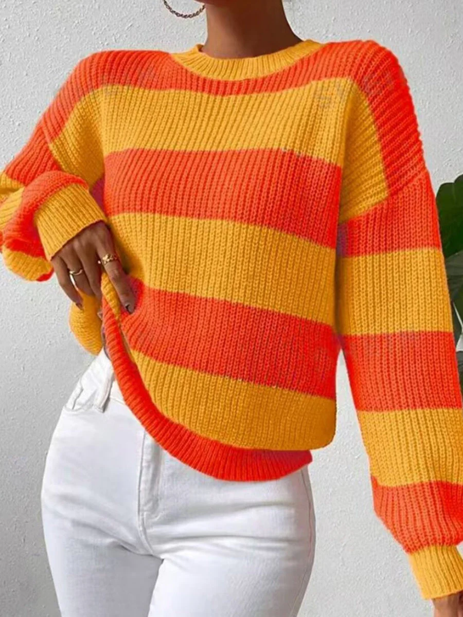 Stripes Contrasting Colors Dropped Shoulder Sleeves Loose Sweaters - Image 2