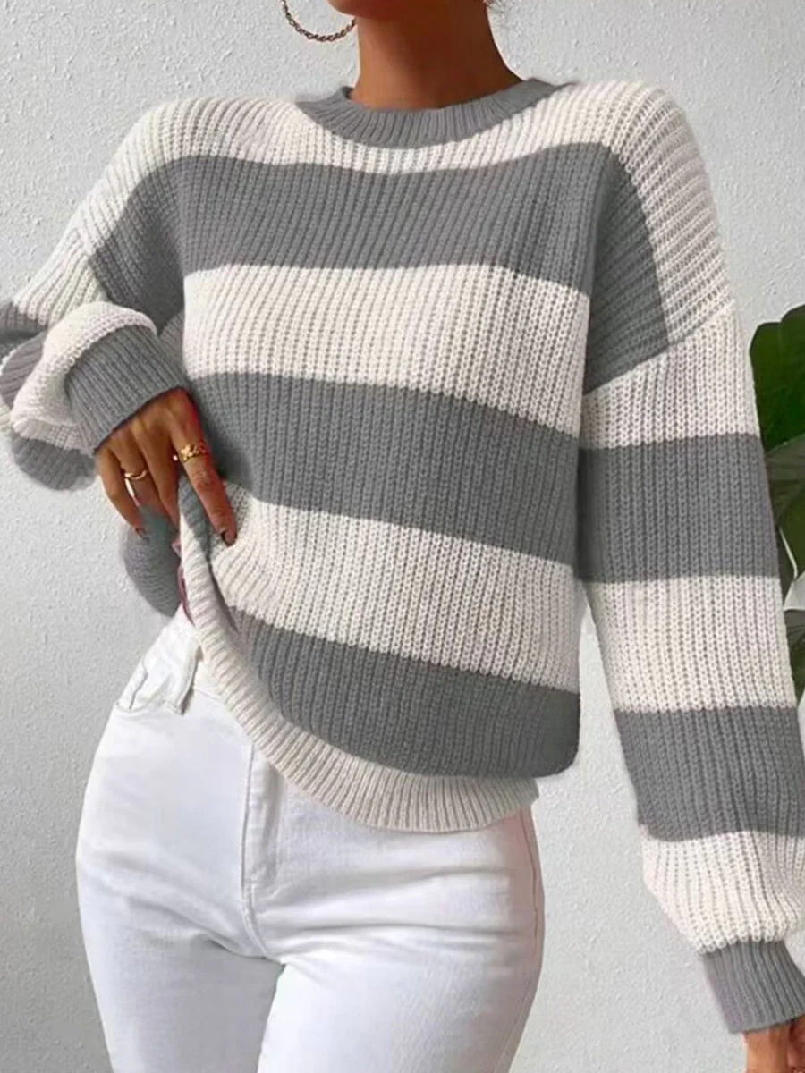 Stripes Contrasting Colors Dropped Shoulder Sleeves Loose Sweaters - Image 3