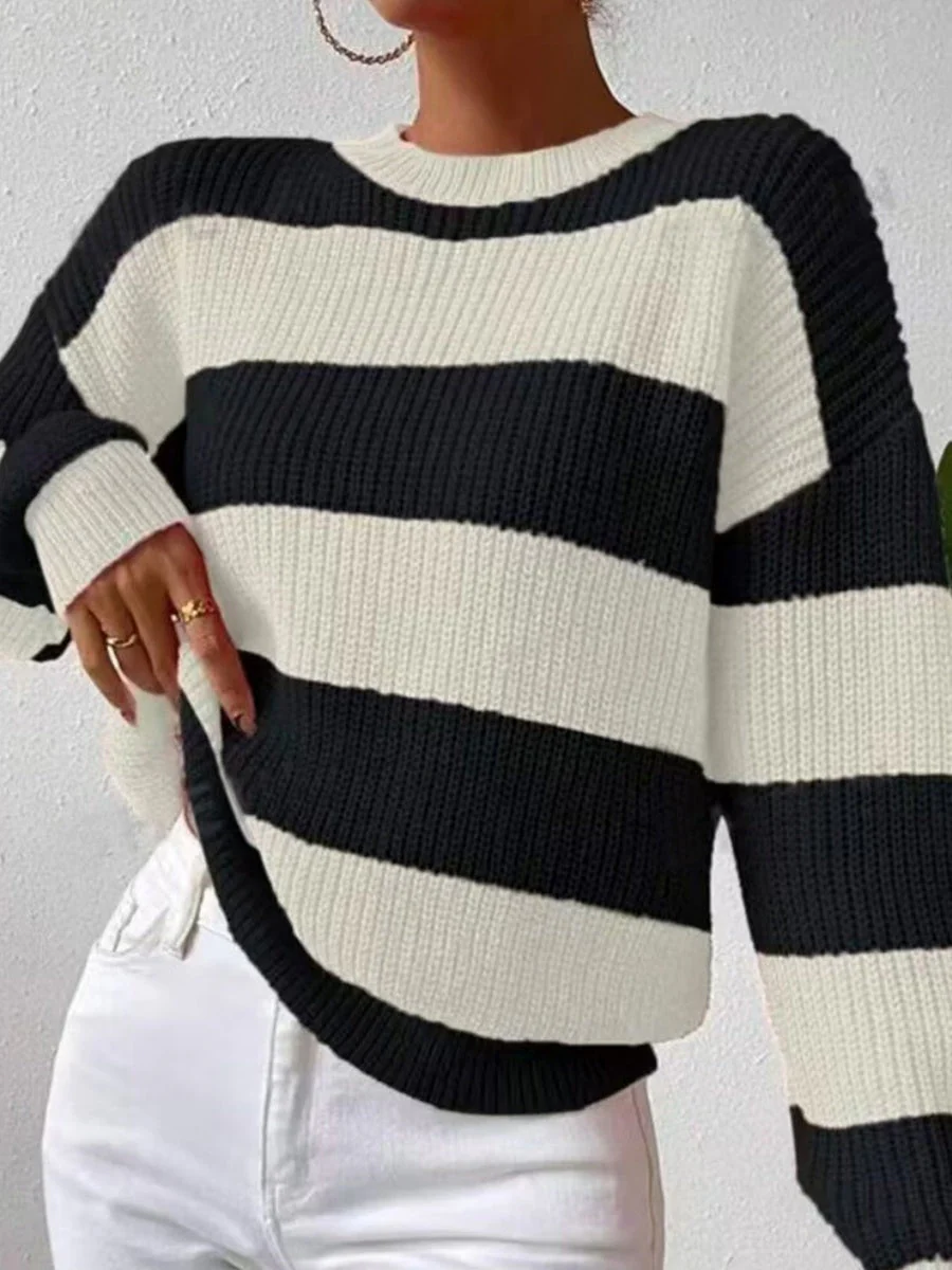Stripes Contrasting Colors Dropped Shoulder Sleeves Loose Sweaters - Image 4