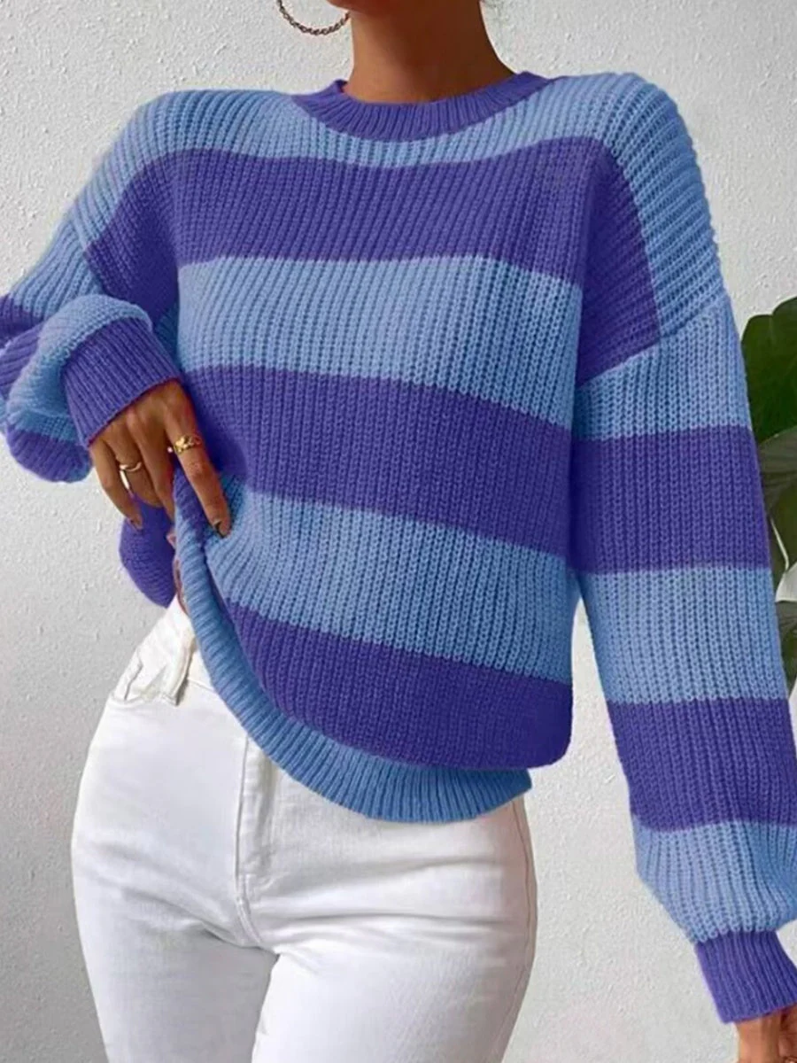 Stripes Contrasting Colors Dropped Shoulder Sleeves Loose Sweaters - Image 5