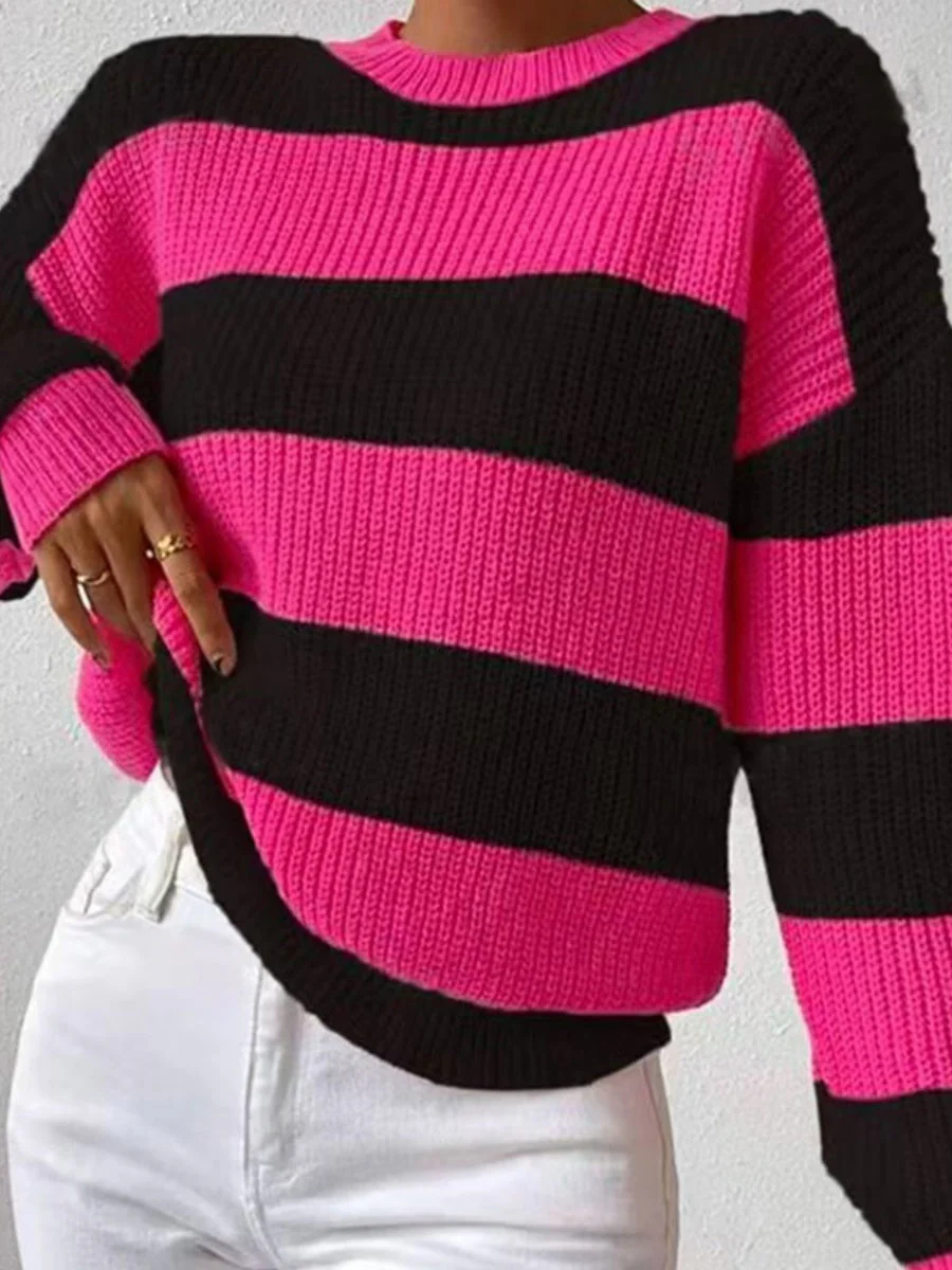 Stripes Contrasting Colors Dropped Shoulder Sleeves Loose Sweaters - Image 6