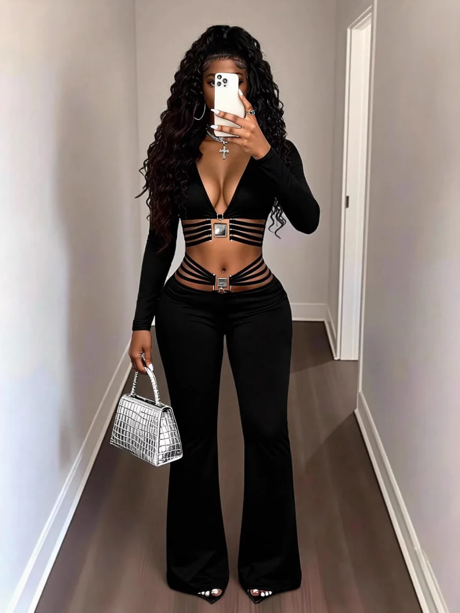 String Decoration Rhinestones Buttock Lift Bell-bottoms Stretch Pants - Image 3