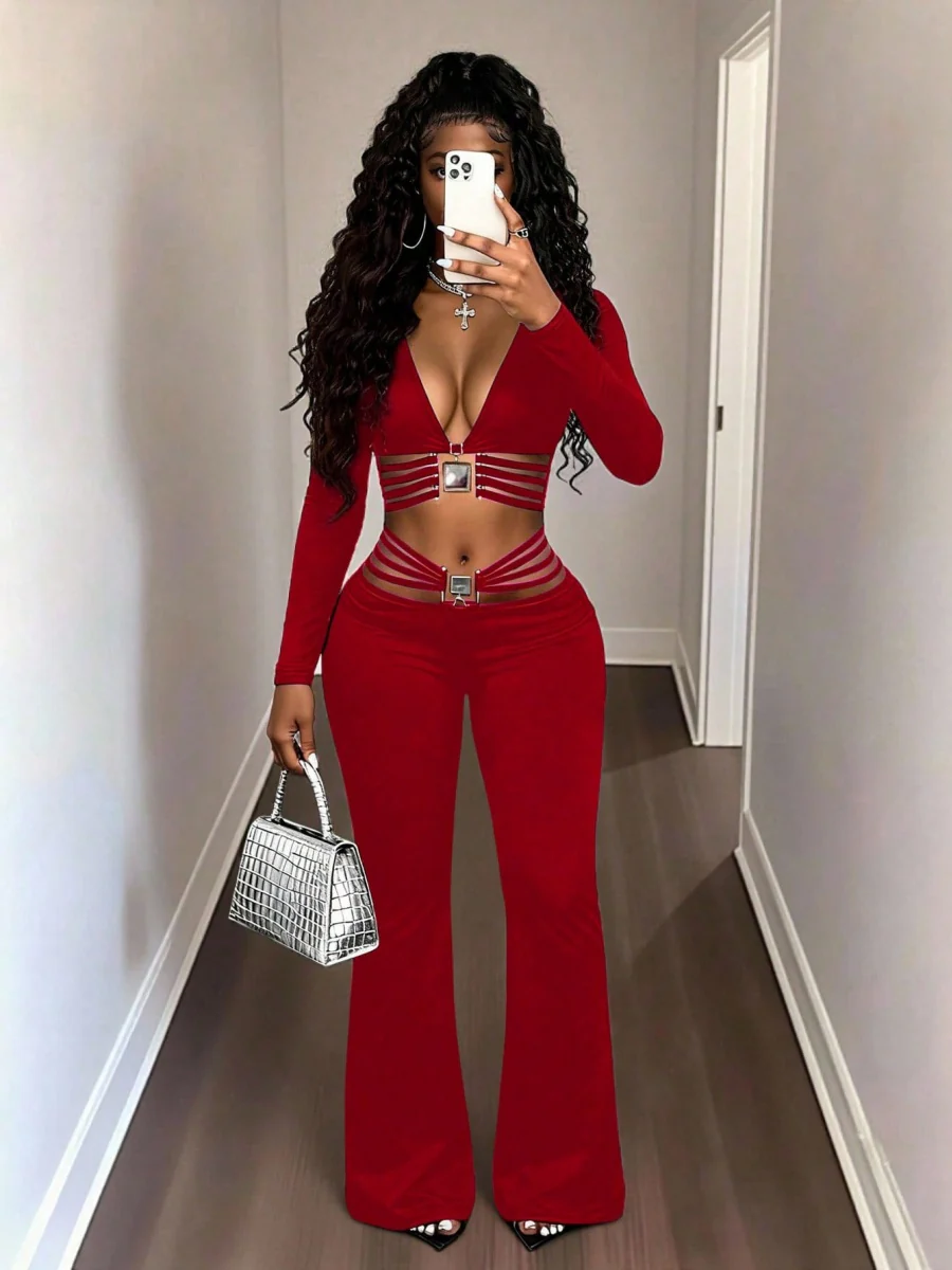 String Decoration Rhinestones Buttock Lift Bell-bottoms Stretch Pants - Image 8