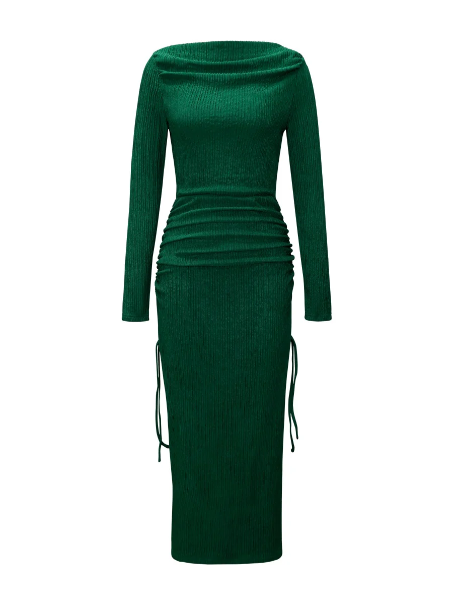Knitting Long Sleeve High Waist Slim-fit Hip-hugging Drawstring Maxi Dresses - Image 2