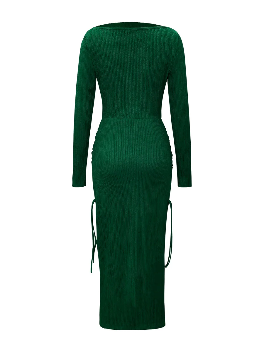 Knitting Long Sleeve High Waist Slim-fit Hip-hugging Drawstring Maxi Dresses - Image 3