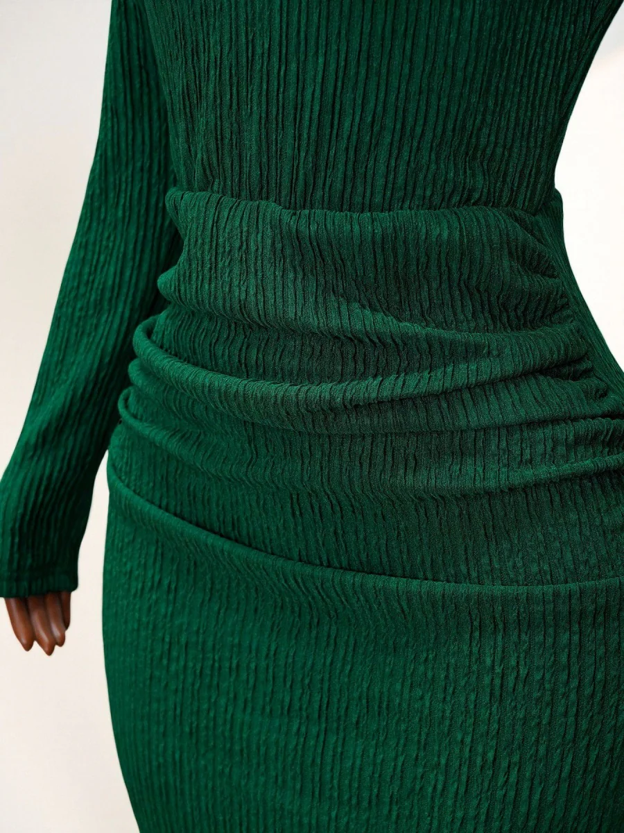 Knitting Long Sleeve High Waist Slim-fit Hip-hugging Drawstring Maxi Dresses - Image 5