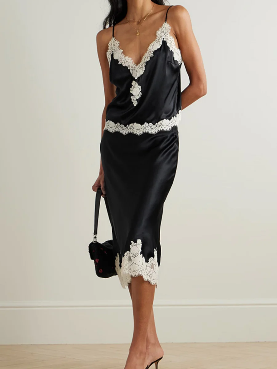 Lace Stitching Satin Camisoles Skirt 2-piece Sets - Image 2