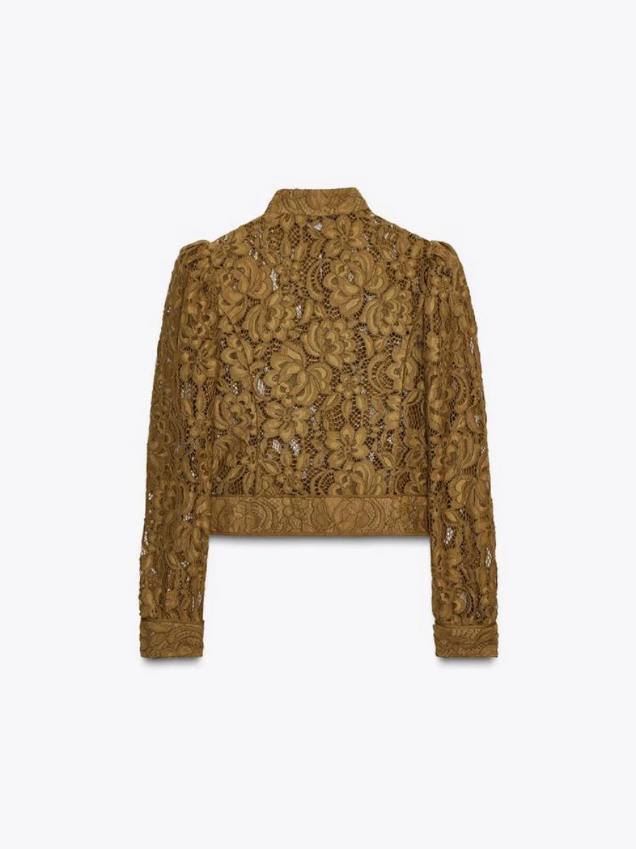 Applique Lace Stand Collar Cardigan Hollow Vacation Shirts - Image 6