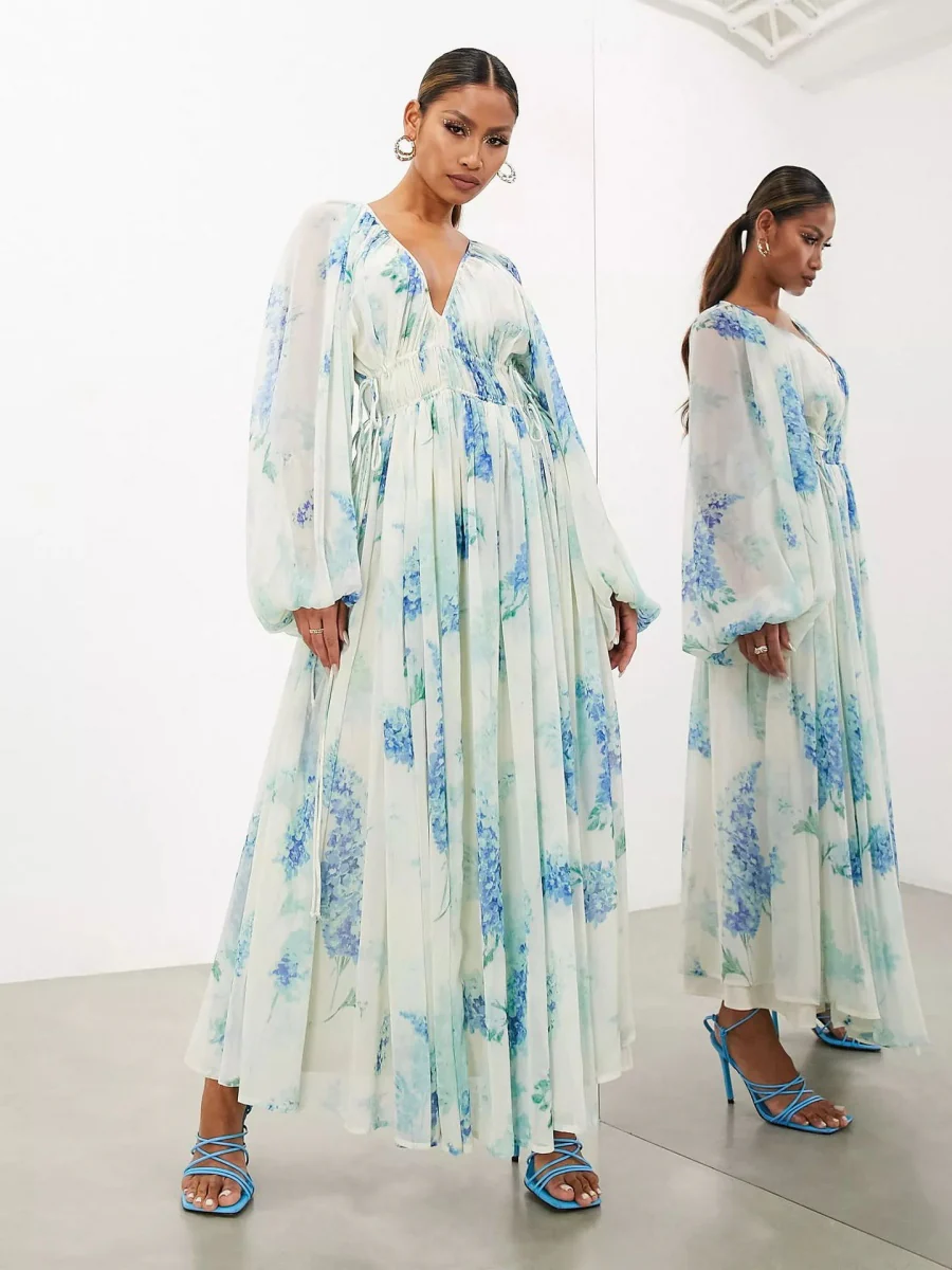 Printed Chiffon Drawstring Maxi Dresses - Image 2