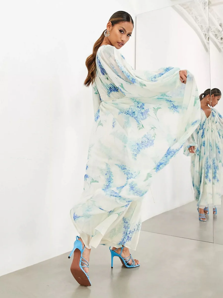 Printed Chiffon Drawstring Maxi Dresses - Image 3