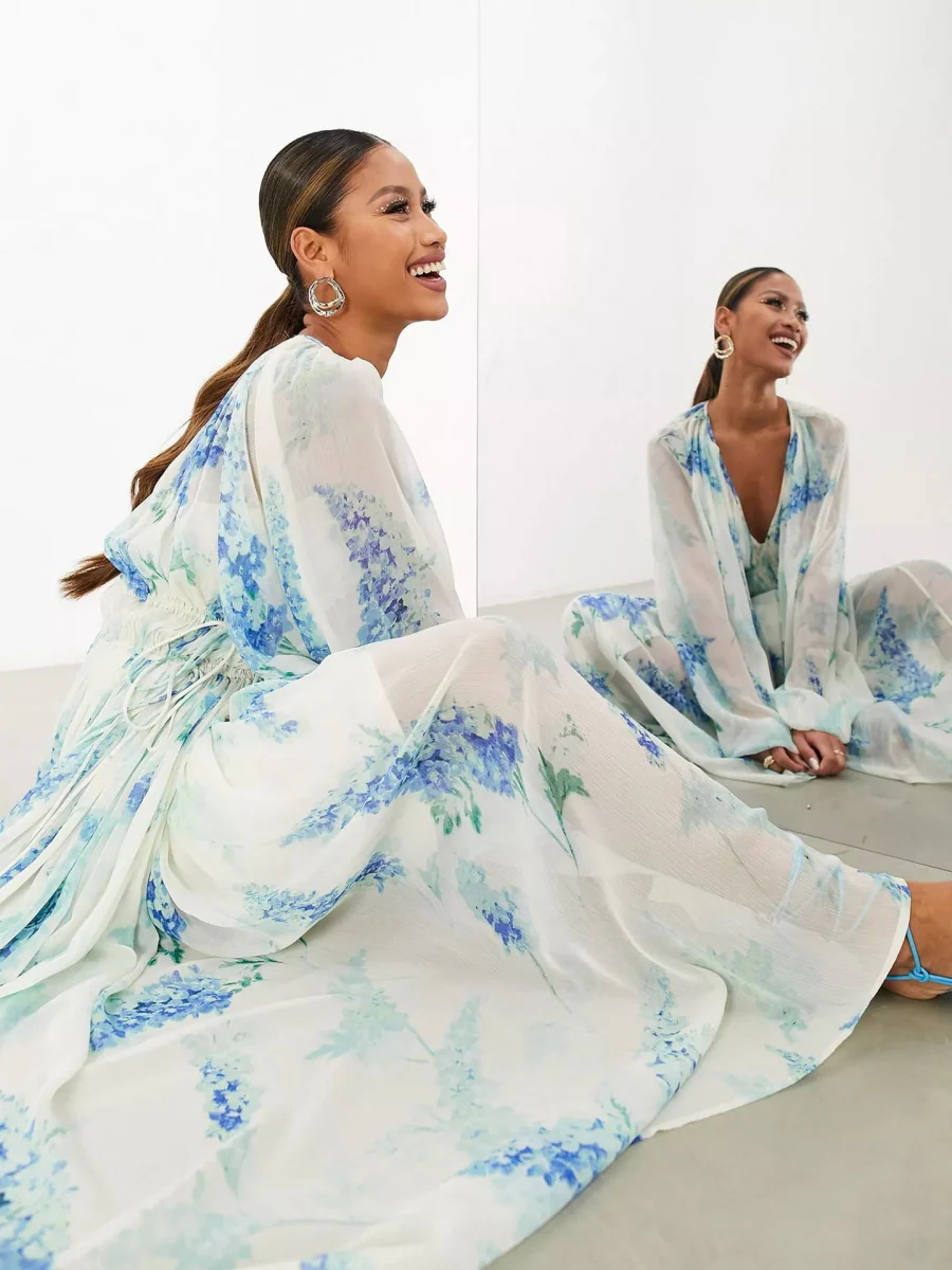 Printed Chiffon Drawstring Maxi Dresses - Image 4