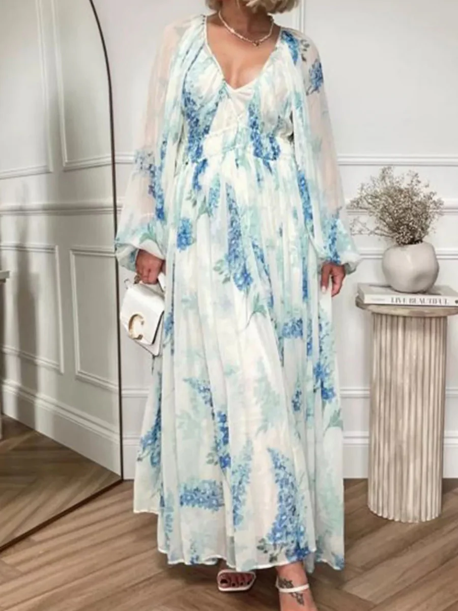Printed Chiffon Drawstring Maxi Dresses - Image 5