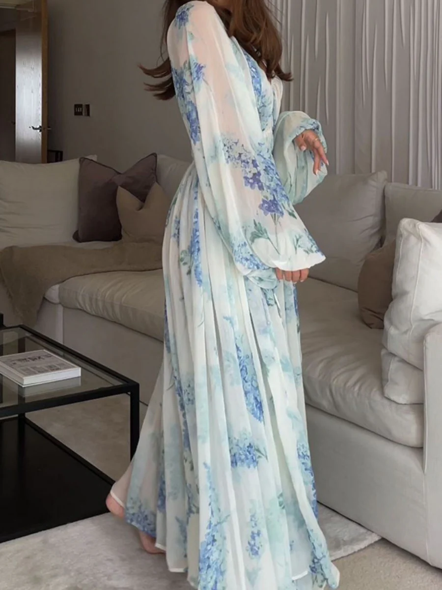 Printed Chiffon Drawstring Maxi Dresses - Image 6