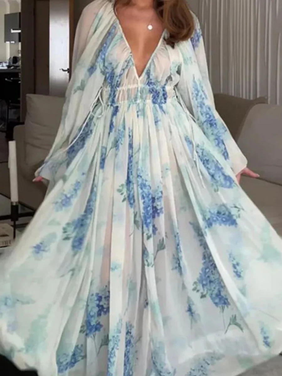Printed Chiffon Drawstring Maxi Dresses - Image 7